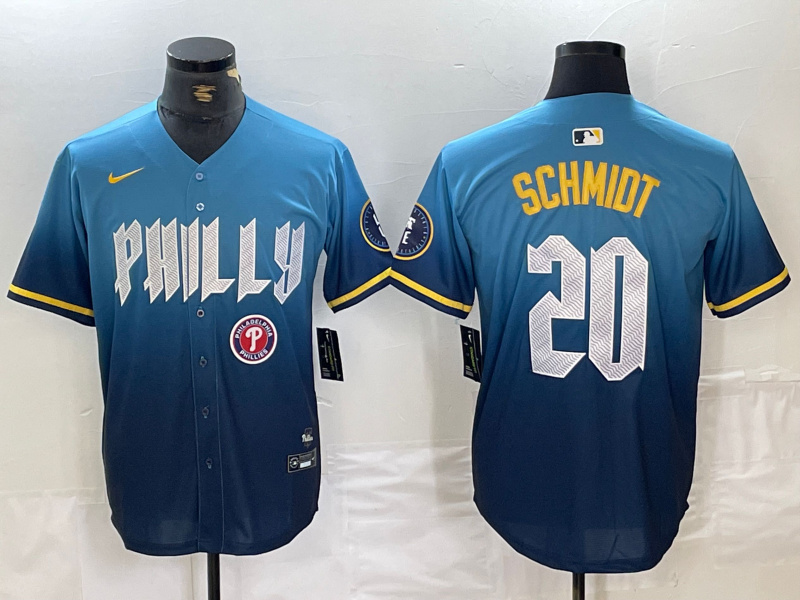 Men's Philadelphia Phillies #20 Mike Schmidt Blue 2024 City Connect Limited Stitched Jersey 3 Men's Philadelphia Phillies #20 Mike Schmidt Blue 2024 City Connect Limited Stitched Jersey 3