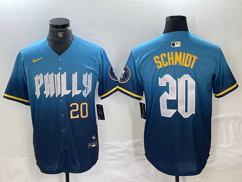 Men's Philadelphia Phillies #20 Mike Schmidt Blue 2024 City Connect Limited Stitched Jersey 1 Men's Philadelphia Phillies #20 Mike Schmidt Blue 2024 City Connect Limited Stitched Jersey 1