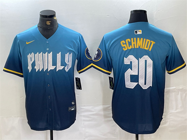 Men's Philadelphia Phillies #20 Mike Schmidt Blue 2024 City Connect Limited Stitched Jersey Men's Philadelphia Phillies #20 Mike Schmidt Blue 2024 City Connect Limited Stitched Jersey