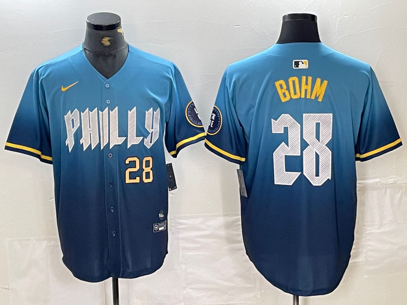 Men's Philadelphia Phillies #28 Alec Bohm Blue 2024 City Connect Limited Stitched Baseball Jersey 1 Men's Philadelphia Phillies #28 Alec Bohm Blue 2024 City Connect Limited Stitched Baseball Jersey 1