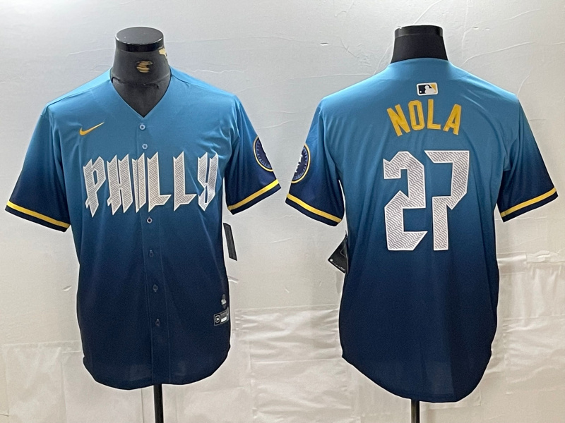 Men's Philadelphia Phillies #27 Aaron Nola Blue 2024 City Connect Limited Stitched Baseball Jersey 2 Men's Philadelphia Phillies #27 Aaron Nola Blue 2024 City Connect Limited Stitched Baseball Jersey 2