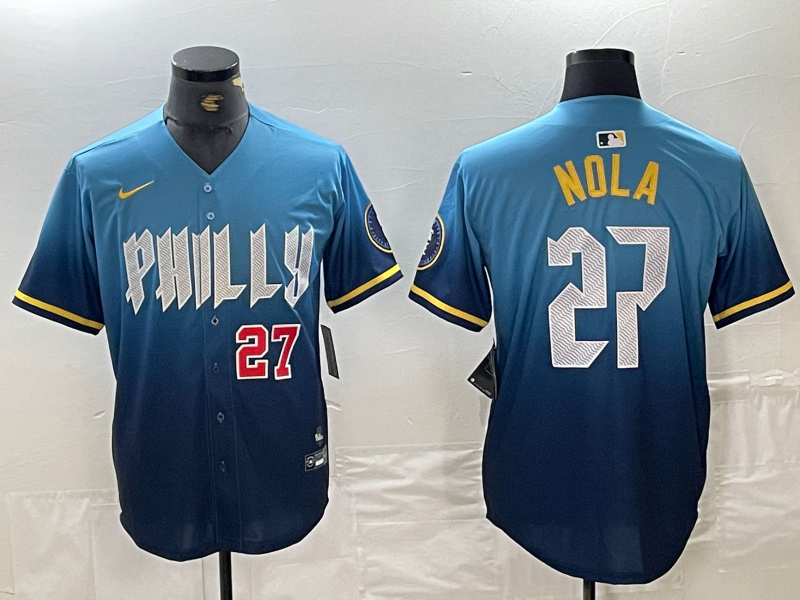 Men's Philadelphia Phillies #27 Aaron Nola Blue 2024 City Connect Limited Stitched Baseball Jersey Men's Philadelphia Phillies #27 Aaron Nola Blue 2024 City Connect Limited Stitched Baseball Jersey