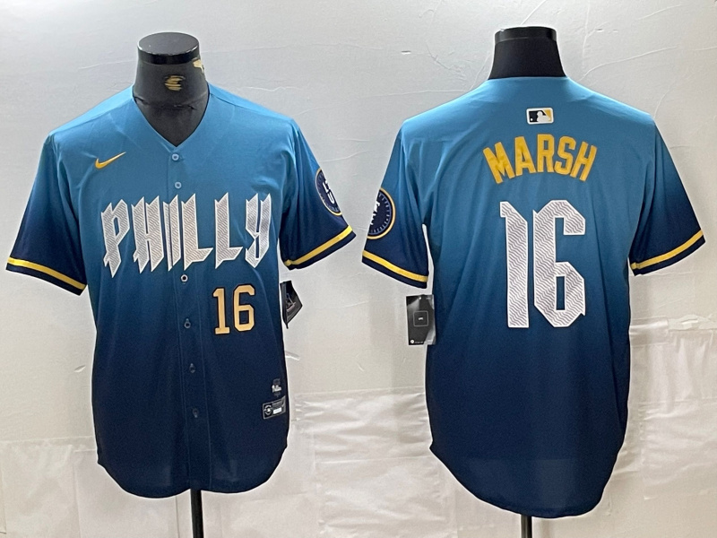 Men's Philadelphia Phillies #16 Brandon Marsh Blue 2024 City Connect Limited Stitched Jersey 23 Men's Philadelphia Phillies #16 Brandon Marsh Blue 2024 City Connect Limited Stitched Jersey 23