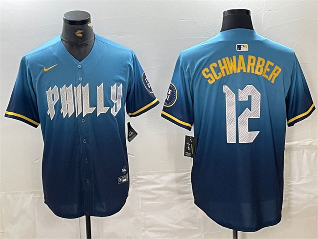 Men's Philadelphia Phillies #12 Kyle Schwarber Blue 2024 City Connect Limited Stitched Jersey Men's Philadelphia Phillies #12 Kyle Schwarber Blue 2024 City Connect Limited Stitched Jersey