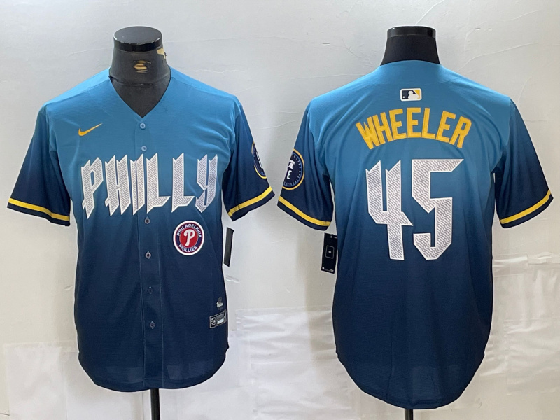 Men's Philadelphia Phillies #45 Zack Wheeler Blue 2024 City Connect Limited Stitched Baseball Jersey 3 Men's Philadelphia Phillies #45 Zack Wheeler Blue 2024 City Connect Limited Stitched Baseball Jersey 3