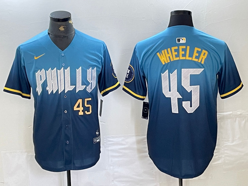 Men's Philadelphia Phillies #45 Zack Wheeler Blue 2024 City Connect Limited Stitched Baseball Jersey 2 Men's Philadelphia Phillies #45 Zack Wheeler Blue 2024 City Connect Limited Stitched Baseball Jersey 2