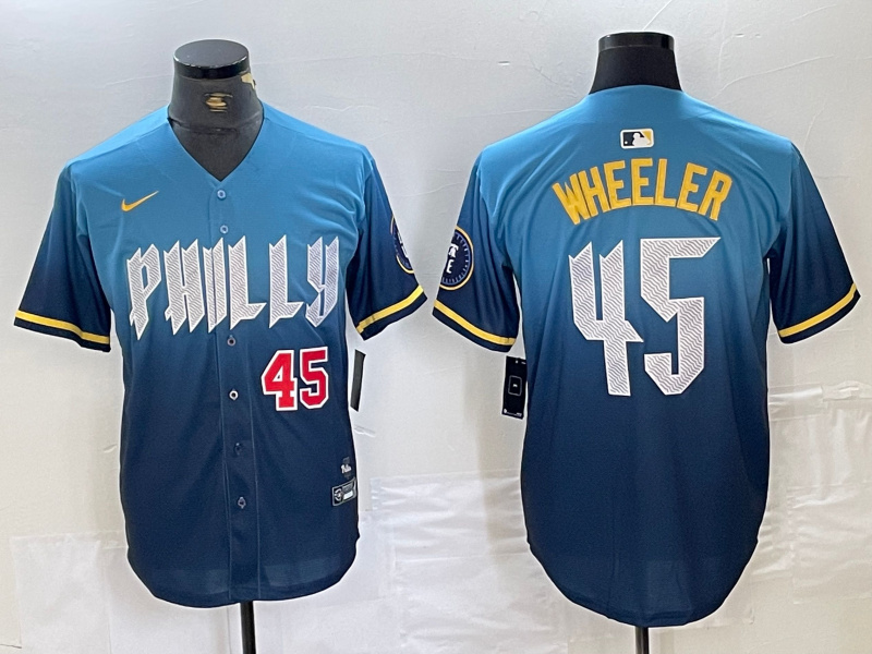 Men's Philadelphia Phillies #45 Zack Wheeler Blue 2024 City Connect Limited Stitched Baseball Jersey 1 Men's Philadelphia Phillies #45 Zack Wheeler Blue 2024 City Connect Limited Stitched Baseball Jersey 1