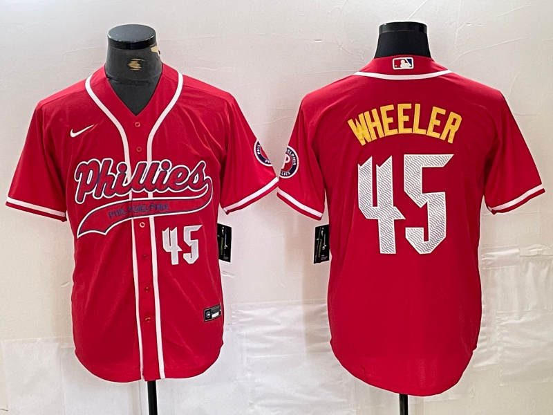 Men's Philadelphia Phillies #45 Zack Wheeler Red 2024 City Connect Limited Stitched Baseball Jersey 5 Men's Philadelphia Phillies #45 Zack Wheeler Red 2024 City Connect Limited Stitched Baseball Jersey 5