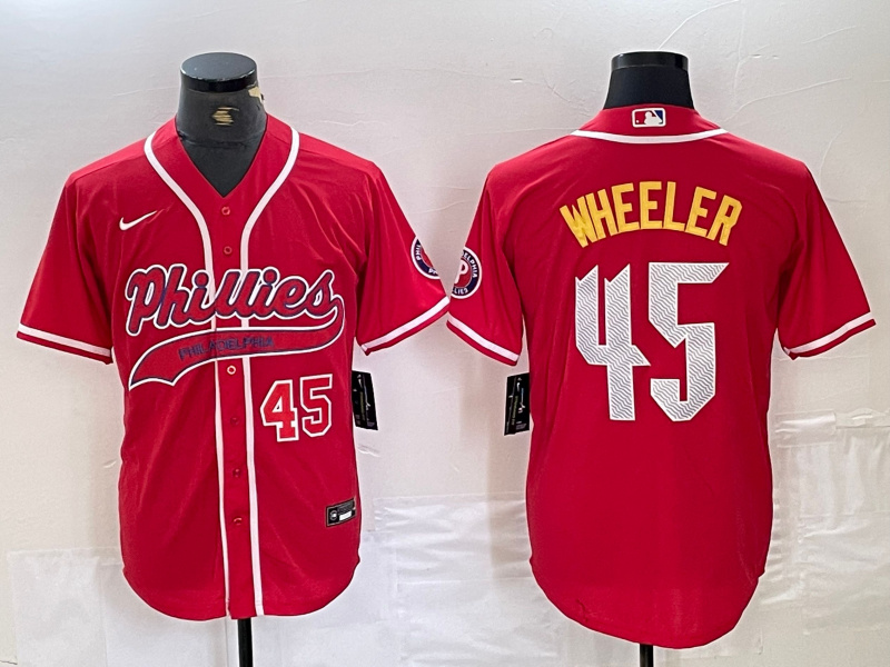Men's Philadelphia Phillies #45 Zack Wheeler Red 2024 City Connect Limited Stitched Baseball Jersey 2 Men's Philadelphia Phillies #45 Zack Wheeler Red 2024 City Connect Limited Stitched Baseball Jersey 2