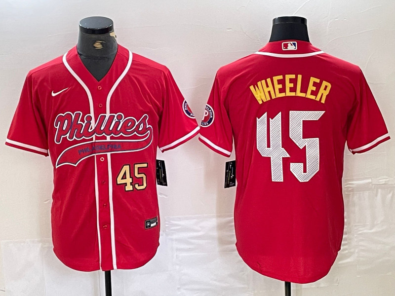 Men's Philadelphia Phillies #45 Zack Wheeler Red 2024 City Connect Limited Stitched Baseball Jersey Men's Philadelphia Phillies #45 Zack Wheeler Red 2024 City Connect Limited Stitched Baseball Jersey