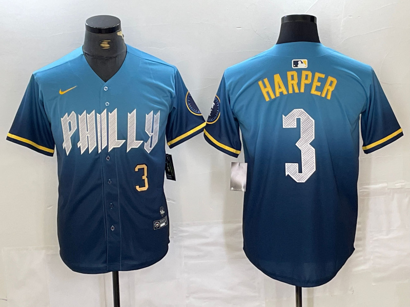 Men's Philadelphia Phillies #3 Bryce Harper Blue 2024 City Connect Limited Stitched Jersey 5 Men's Philadelphia Phillies #3 Bryce Harper Blue 2024 City Connect Limited Stitched Jersey 5