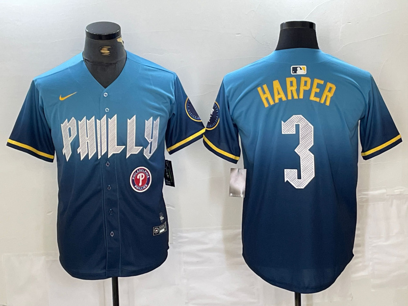 Men's Philadelphia Phillies #3 Bryce Harper Blue 2024 City Connect Limited Stitched Jersey 3 Men's Philadelphia Phillies #3 Bryce Harper Blue 2024 City Connect Limited Stitched Jersey 3