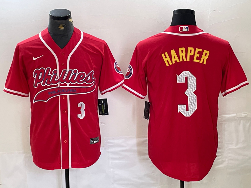 Men's Philadelphia Phillies #3 Bryce Harper Red 2024 City Connect Stitched Jersey 4 Men's Philadelphia Phillies #3 Bryce Harper Red 2024 City Connect Stitched Jersey 4