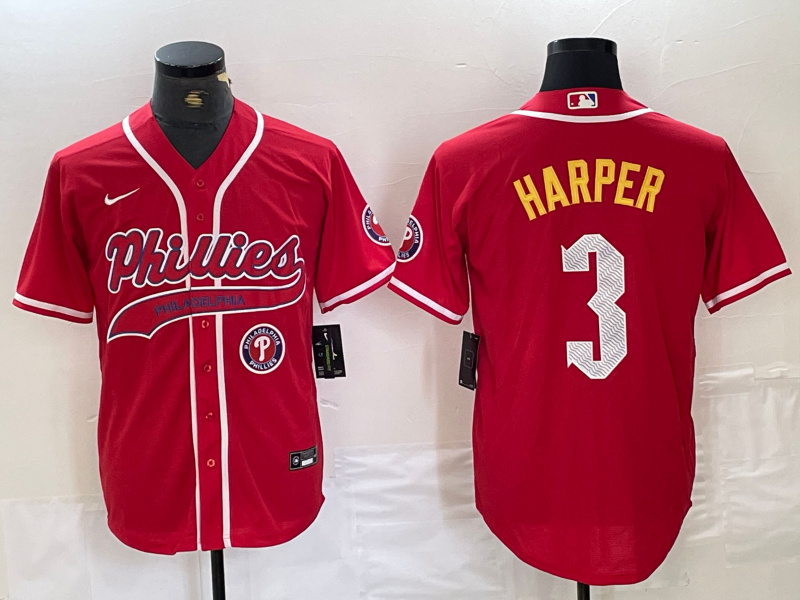 Men's Philadelphia Phillies #3 Bryce Harper Red 2024 City Connect Stitched Jersey 3 Men's Philadelphia Phillies #3 Bryce Harper Red 2024 City Connect Stitched Jersey 3
