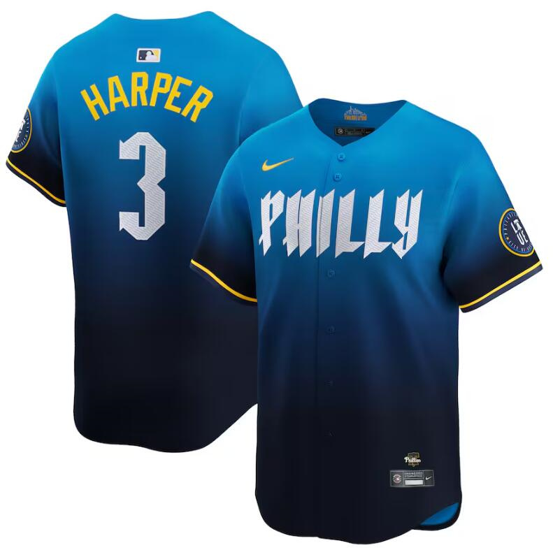 Men's Philadelphia Phillies #3 Bryce Harper Blue 2024 City Connect Limited Stitched Jersey Men's Philadelphia Phillies #3 Bryce Harper Blue 2024 City Connect Limited Stitched Jersey