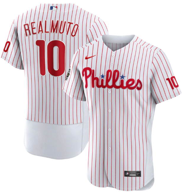 Men's Philadelphia Phillies #10 J.T. Realmuto White 2022 World Series Flex Base Stitched Baseball Jersey Men's Philadelphia Phillies #10 J.T. Realmuto White 2022 World Series Flex Base Stitched Baseball Jersey