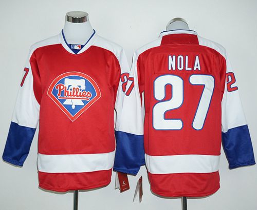 Phillies #27 Aaron Nola Red Long Sleeve Stitched Baseball Jersey Phillies #27 Aaron Nola Red Long Sleeve Stitched Baseball Jersey
