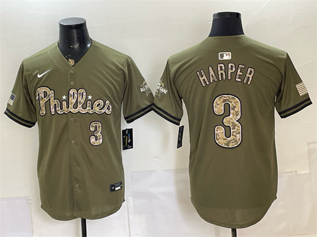 Men's Philadelphia Phillies #3 Bryce Harper Olive 2026 Armed Forces Day Stitched Baseball Jersey