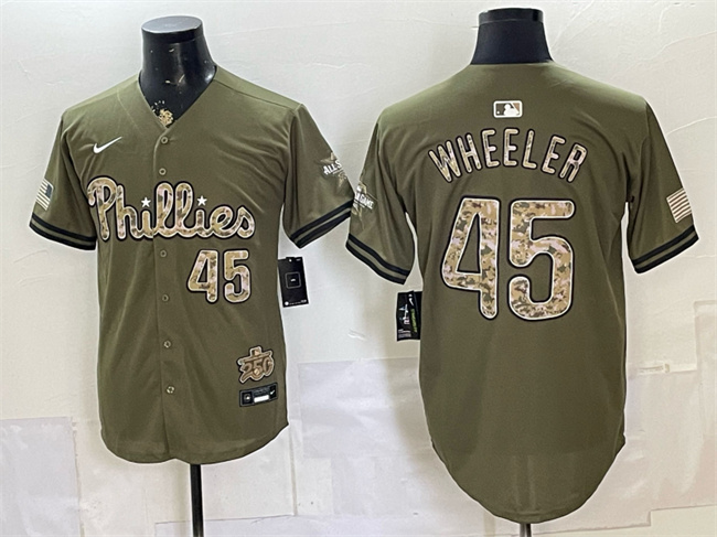 Men's Philadelphia Phillies #45 Zack Wheeler Olive 2026 Armed Forces Day Stitched Baseball Jersey