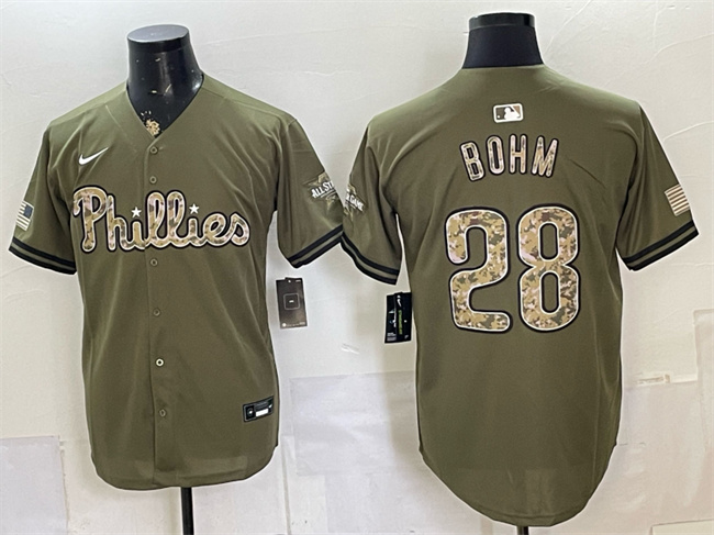 Men's Philadelphia Phillies #28 Alec Bohm Olive 2026 Armed Forces Day Stitched Baseball Jersey