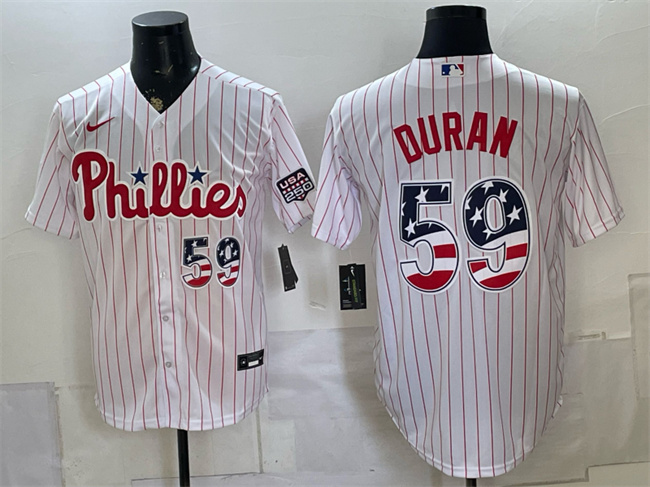 Men's Philadelphia Phillies #59 Jhoan Durán White USA 250 Fourth of July Home Stitched Baseball Jersey