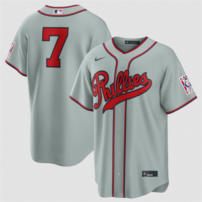 Men's Philadelphia Phillies #7 Trea Turner Gray 2026 Field of Dreams Stadium Stitched Baseball Jersey Men's Philadelphia Phillies #7 Trea Turner Gray 2026 Field of Dreams Stadium Stitched Baseball Jersey