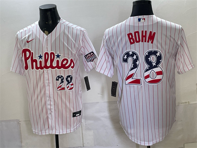 Men's Philadelphia Phillies #28 Alec Bohm White USA 250 Fourth of July Home Stitched Baseball Jersey Men's Philadelphia Phillies #28 Alec Bohm White USA 250 Fourth of July Home Stitched Baseball Jersey