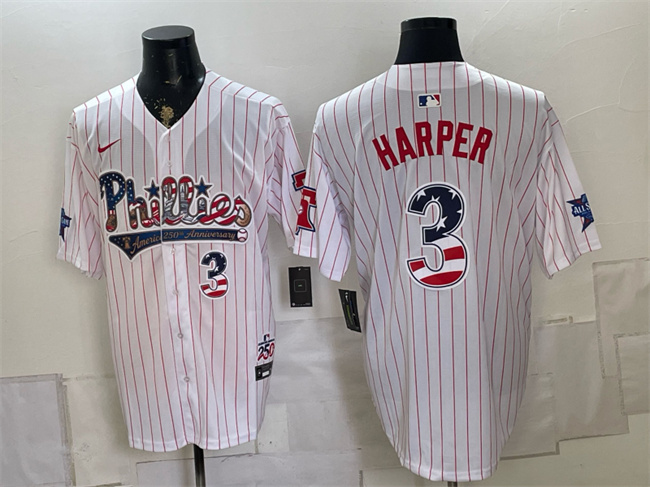 Men's Philadelphia Phillies #3 Bryce Harper White 2026 All-Star & USA 250 Fourth of July Home Stitched Baseball Jersey