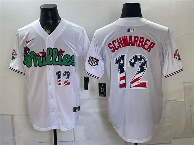 Men's Philadelphia Phillies #12 Kyle Schwarber White Phanatic USA 250 Fourth of July Stitched Baseball Jerseys 001
