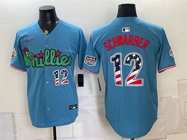 Men's Philadelphia Phillies #12 Kyle Schwarber Blue Phanatic USA 250 Fourth of July Stitched Baseball Jersey