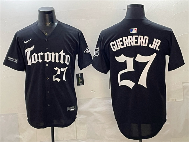 Men's Toronto Blue Jays #27 Vladimir Guerrero Jr. Black Gothic North Edition Limited Stitched Baseball Jersey Men's Toronto Blue Jays #27 Vladimir Guerrero Jr. Black Gothic North Edition Limited Stitched Baseball Jersey
