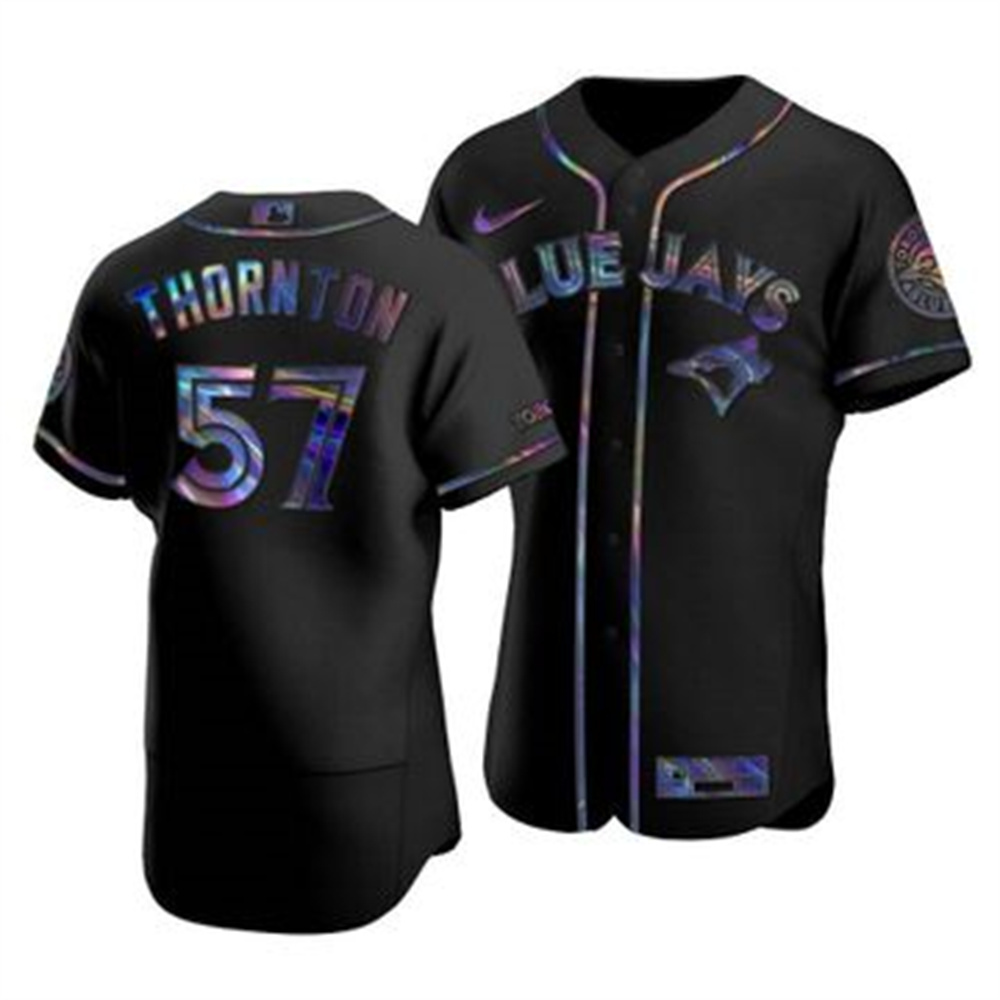 Toronto Blue Jays #57 Trent Thornton Men's Nike Iridescent Holographic Collection MLB Jersey - Black Toronto Blue Jays #57 Trent Thornton Men's Nike Iridescent Holographic Collection MLB Jersey - Black