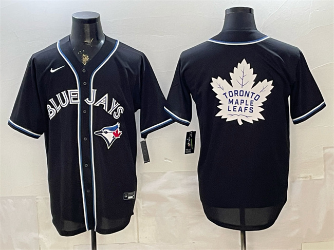 Men's Toronto Blue Jays & Leafs With White Leafs Logo 2026 Fashion Replica Black Out Stitched Baseball Jersey Men's Toronto Blue Jays & Leafs With White Leafs Logo 2026 Fashion Replica Black Out Stitched Baseball Jersey