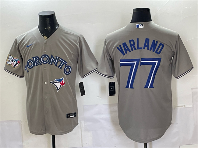 Men's Toronto Blue Jays #77 Louis Varland Grey 50 Seasons Patch Stitched Baseball Jersey