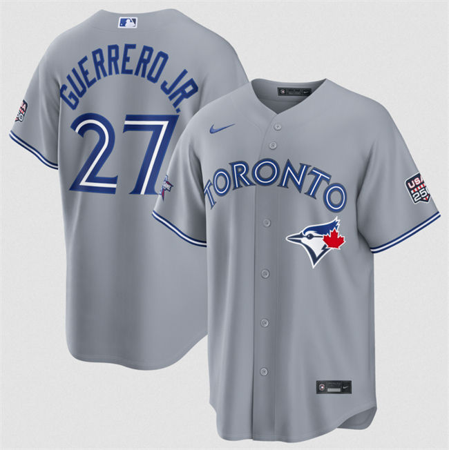 Men's Toronto Blue Jays #27 Vladimir Guerrero Jr. Gray 2026 All-Star Game & USA 250 Patch Stitched Baseball Jersey Men's Toronto Blue Jays #27 Vladimir Guerrero Jr. Gray 2026 All-Star Game & USA 250 Patch Stitched Baseball Jersey