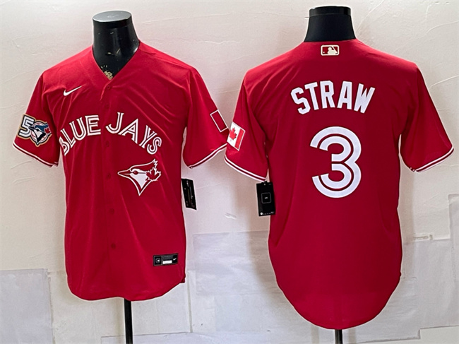 Men's Toronto Blue Jays #3 Myles Straw Red 50 Seasons Patch Stitched Baseball Jersey Men's Toronto Blue Jays #3 Myles Straw Red 50 Seasons Patch Stitched Baseball Jersey