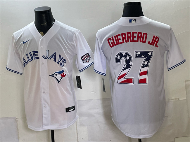 Men's Toronto Blue Jays #27 Vladimir Guerrero Jr. White 2026 USA 250 Fourth of July Stitched Baseball Jersey Men's Toronto Blue Jays #27 Vladimir Guerrero Jr. White 2026 USA 250 Fourth of July Stitched Baseball Jersey