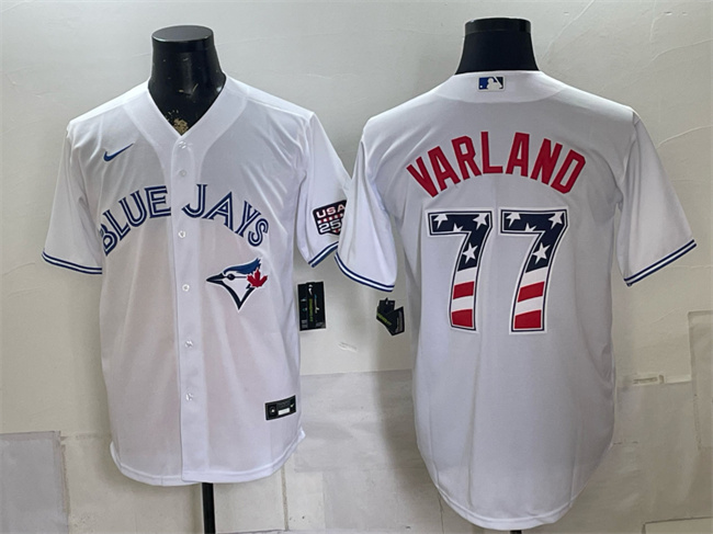 Men's Toronto Blue Jays #77 Louis Varland White 2026 USA 250 Fourth of July Stitched Baseball Jersey Men's Toronto Blue Jays #77 Louis Varland White 2026 USA 250 Fourth of July Stitched Baseball Jersey