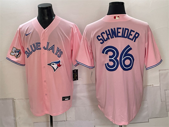 Men's Toronto Blue Jays #36 Davis Schneider Pink 50 Seasons Patch Stitched Baseball Jersey Men's Toronto Blue Jays #36 Davis Schneider Pink 50 Seasons Patch Stitched Baseball Jersey