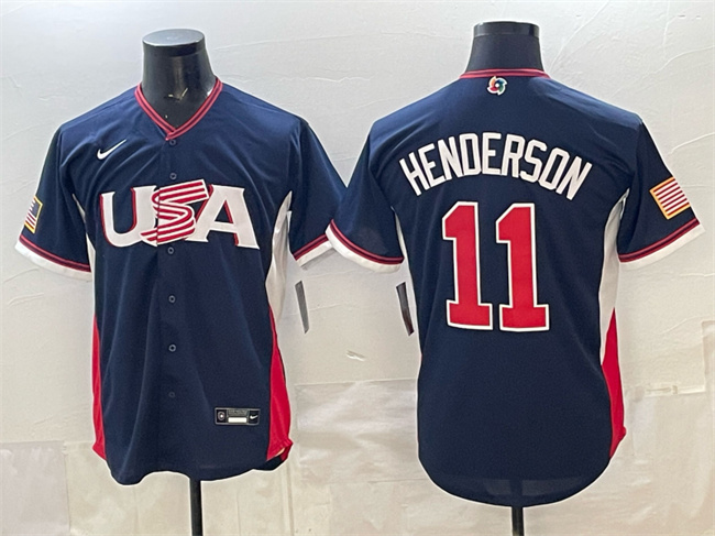 Men's USA Baseball #11 Gunnar Henderson Navy 2026 World Baseball Classic Road Stadium Stitched Jersey Men's USA Baseball #11 Gunnar Henderson Navy 2026 World Baseball Classic Road Stadium Stitched Jersey