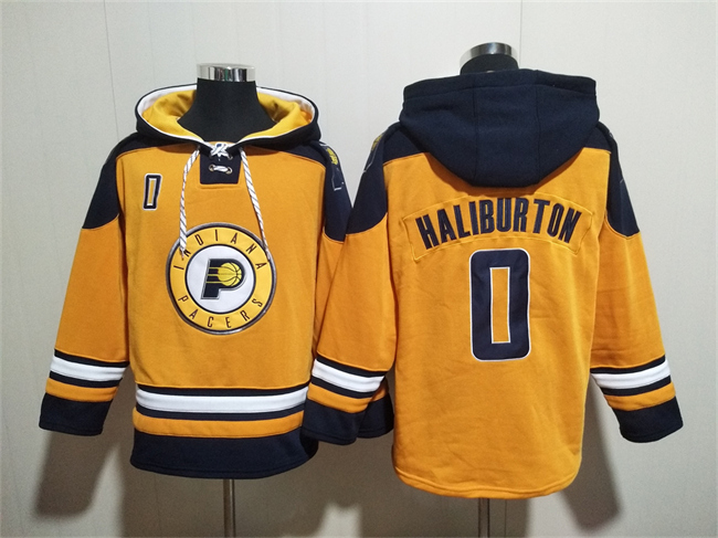 Men's Indiana Pacers #0 Tyrese Haliburton Yellow Lace-Up Pullover Hoodie Men's Indiana Pacers #0 Tyrese Haliburton Yellow Lace-Up Pullover Hoodie