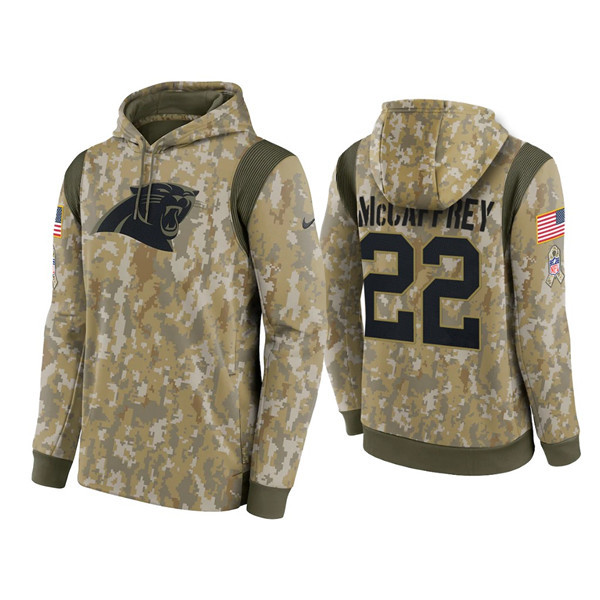 Men's Carolina Panthers #22 Christian McCaffrey Camo 2021 Salute To Service Therma Performance Pullover Hoodie Men's Carolina Panthers #22 Christian McCaffrey Camo 2021 Salute To Service Therma Performance Pullover Hoodie