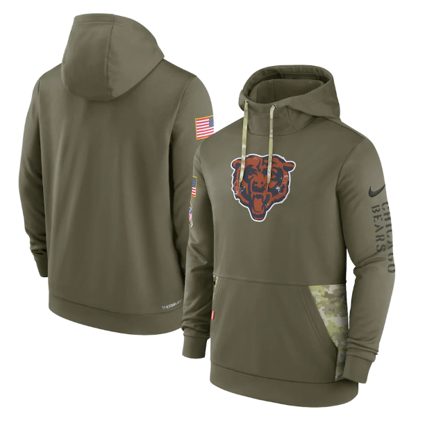Men's Chicago Bears 2022 Olive Salute To Service Therma Performance Pullover Hoodie Men's Chicago Bears 2022 Olive Salute To Service Therma Performance Pullover Hoodie