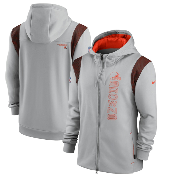 Men's Cleveland Browns 2021 Gray Sideline Team Performance Full-Zip Hoodie Men's Cleveland Browns 2021 Gray Sideline Team Performance Full-Zip Hoodie