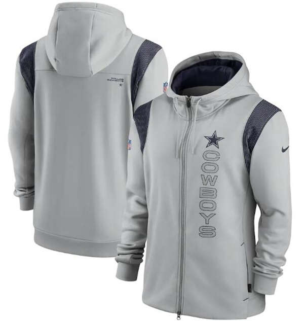 Men's Dallas Cowboys 2021 Gray Sideline Team Performance Full-Zip Hoodie Men's Dallas Cowboys 2021 Gray Sideline Team Performance Full-Zip Hoodie
