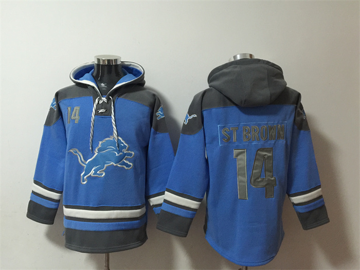 Men's Detroit Lions #14 Amon-Ra St. Brown Blue Ageless Must-Have Lace-Up Pullover Hoodie Men's Detroit Lions #14 Amon-Ra St. Brown Blue Ageless Must-Have Lace-Up Pullover Hoodie