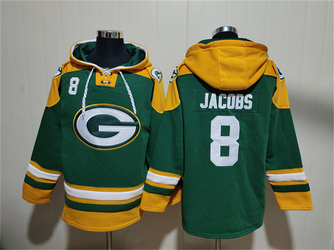 Men's Green Bay Packers #8 Josh Jacobs Green Lace-Up Pullover Hoodie Men's Green Bay Packers #8 Josh Jacobs Green Lace-Up Pullover Hoodie