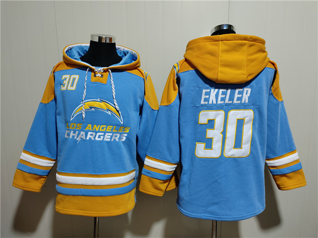 Men's Los Angeles Chargers #30 Austin Ekeler Blue Ageless Must-Have Lace-Up Pullover Hoodie Men's Los Angeles Chargers #30 Austin Ekeler Blue Ageless Must-Have Lace-Up Pullover Hoodie