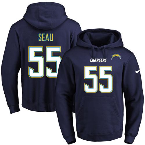 Nike Chargers #55 Junior Seau Navy Blue Name & Number Pullover NFL Hoodie Nike Chargers #55 Junior Seau Navy Blue Name & Number Pullover NFL Hoodie