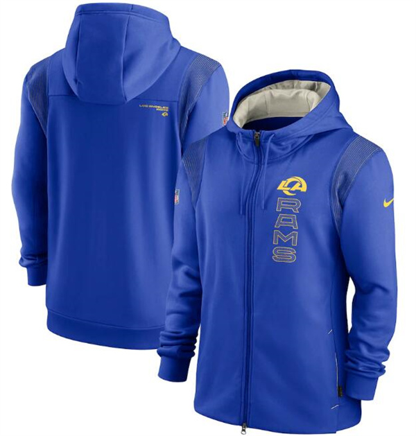 Men's Los Angeles Rams 2021 Royal Sideline Team Performance Full-Zip Hoodie Men's Los Angeles Rams 2021 Royal Sideline Team Performance Full-Zip Hoodie